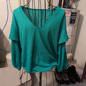 New York & Company Teal V-Neck Long Sleeve Top